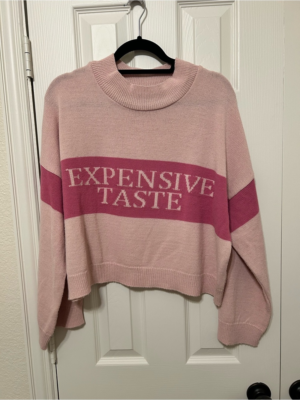ASOS cropped Pink Crewneck Sweater with Bold Stripe and Expensive Taste logo s12